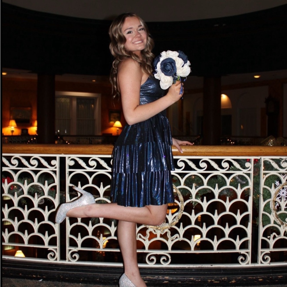 Elegant Blue Sequin Dress with Silver Heels